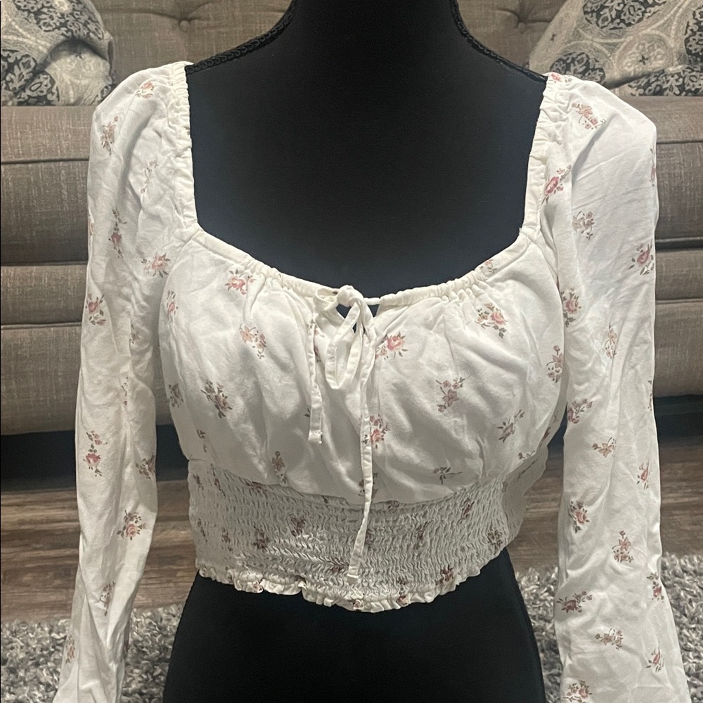 Hollister White Floral Smocked Blouse